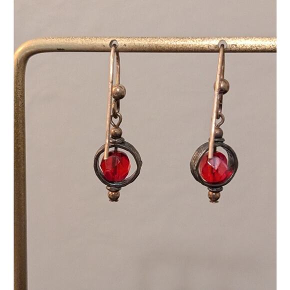 925 Sterling Red Crystal Bead Dangle French Wire Earrings - Picture 4 of 5